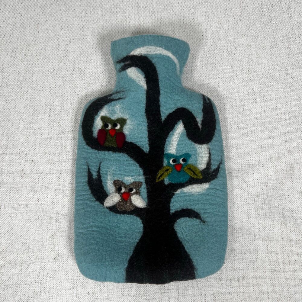 Feel Merino Wool Felt Hot Water Cover W/Bottle Owl Design Cozy Cottagecore